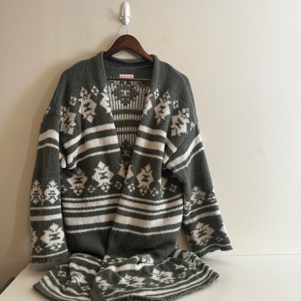 Knox Rose Women's Sz Lg Sage Green Fair Isle Open Front Cardigan Fall Boho Indie